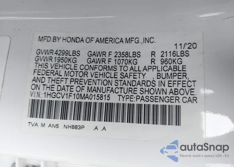 2021 Honda Accord Lx z USA, uszkodzony, nr VIN 1HGCV1F10MA015815